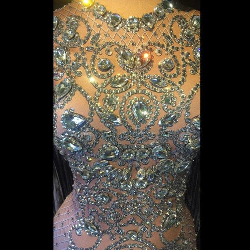 Crystals Long Tassel Party Bodycon Dress Women Long Sleeves Prom Wedding Floor Length Rhinestones Dress Singer Stage Dress Seewest