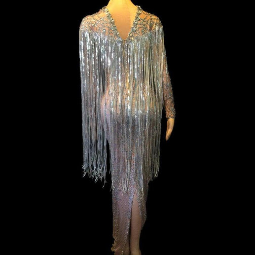 Crystals Long Tassel Party Bodycon Dress Women Long Sleeves Prom Wedding Floor Length Rhinestones Dress Singer Stage Dress Seewest